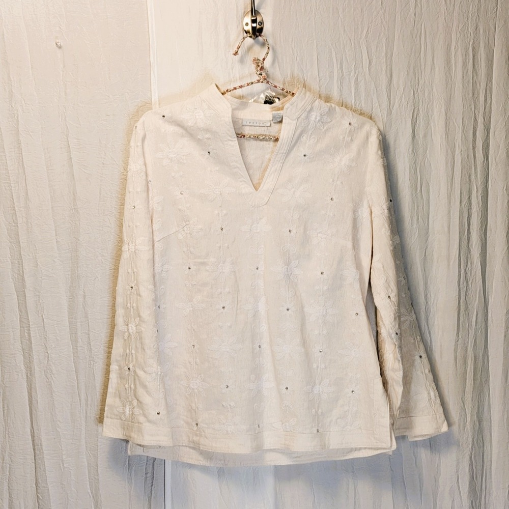Timeless Tweeds Tunic Blouse Embroidered Rhinestones Linen Blend Large